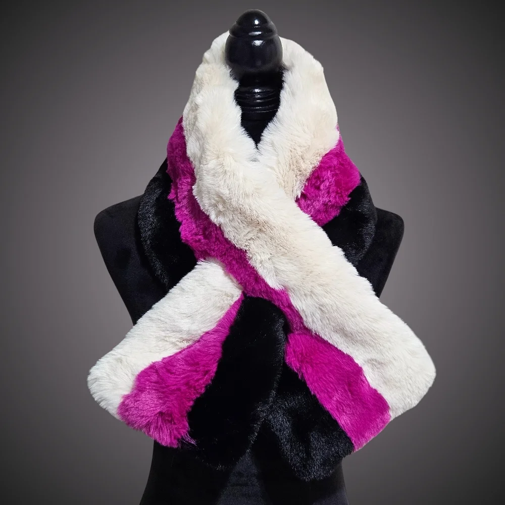 Jocelyn Scarf Black Wool Blend Striped Faux Fur Pull Through Barbiecore Cottage